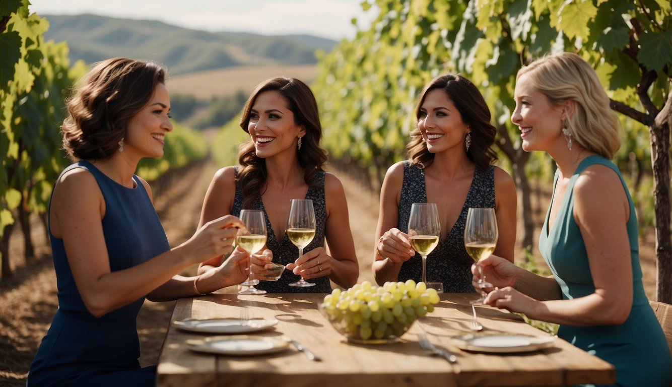 A group of women in stylish dresses and heels enjoy wine tasting at a vineyard, surrounded by rolling hills and grapevines Winery Bachelorette Party Outfits