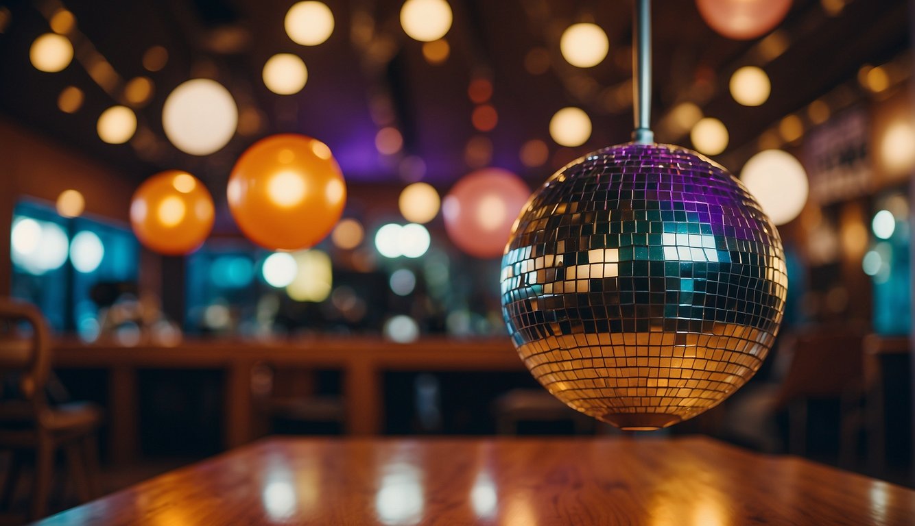 A colorful disco ball hangs from the ceiling, casting shimmering light onto a dance floor surrounded by retro furniture and vintage record players 70s Bachelorette Party Outfit Ideas