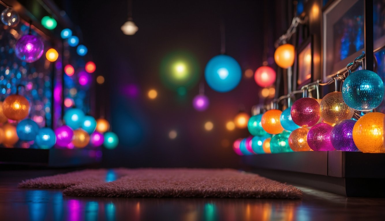 Decorating with disco balls, neon lights, and shag carpet. Hanging up vintage posters and setting out lava lamps 70s Bachelorette Party Outfit Ideas