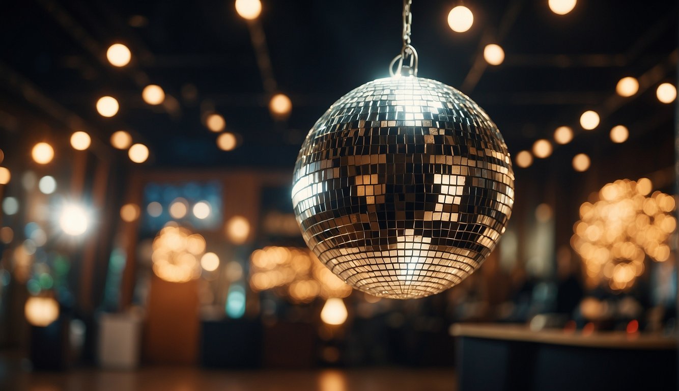 A vintage disco ball hangs from the ceiling, casting a shimmering glow over the room. A rack of 70s-inspired outfits, including sequined jumpsuits and platform shoes, stands in the corner 70s Bachelorette Party Outfit Ideas