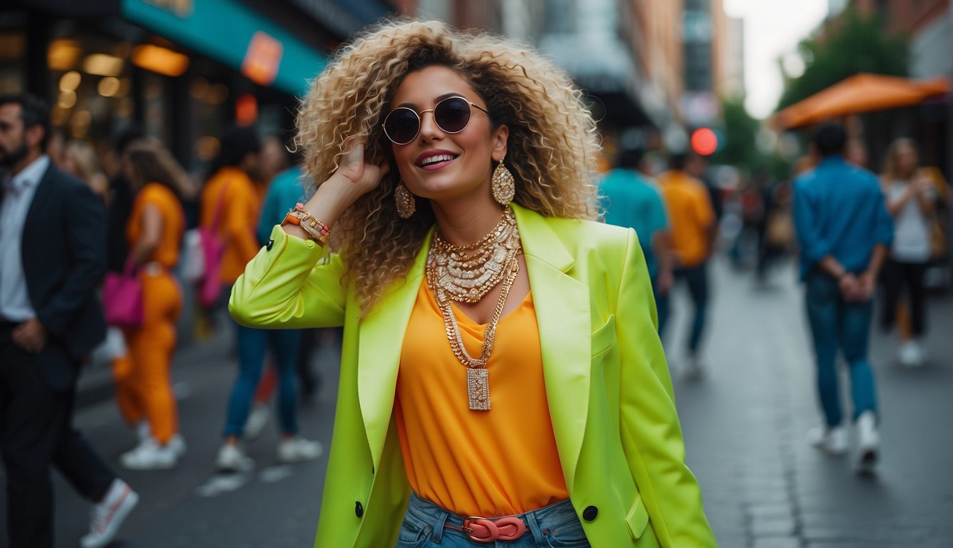 Neon spandex, oversized blazers, and high-top sneakers in a vibrant color palette, accessorized with chunky jewelry and big hair 80s Bachelorette Party Outfits
