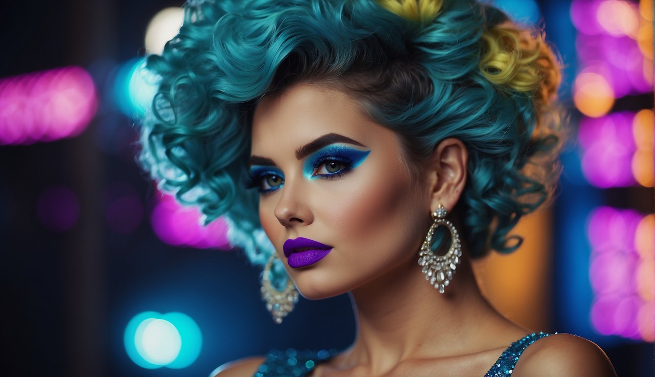 Bright, bold makeup with blue eyeshadow and neon lipstick. Big, teased hair with lots of hairspray. Outfits with shoulder pads, sequins, and bold patterns 80s Bachelorette Party Outfits