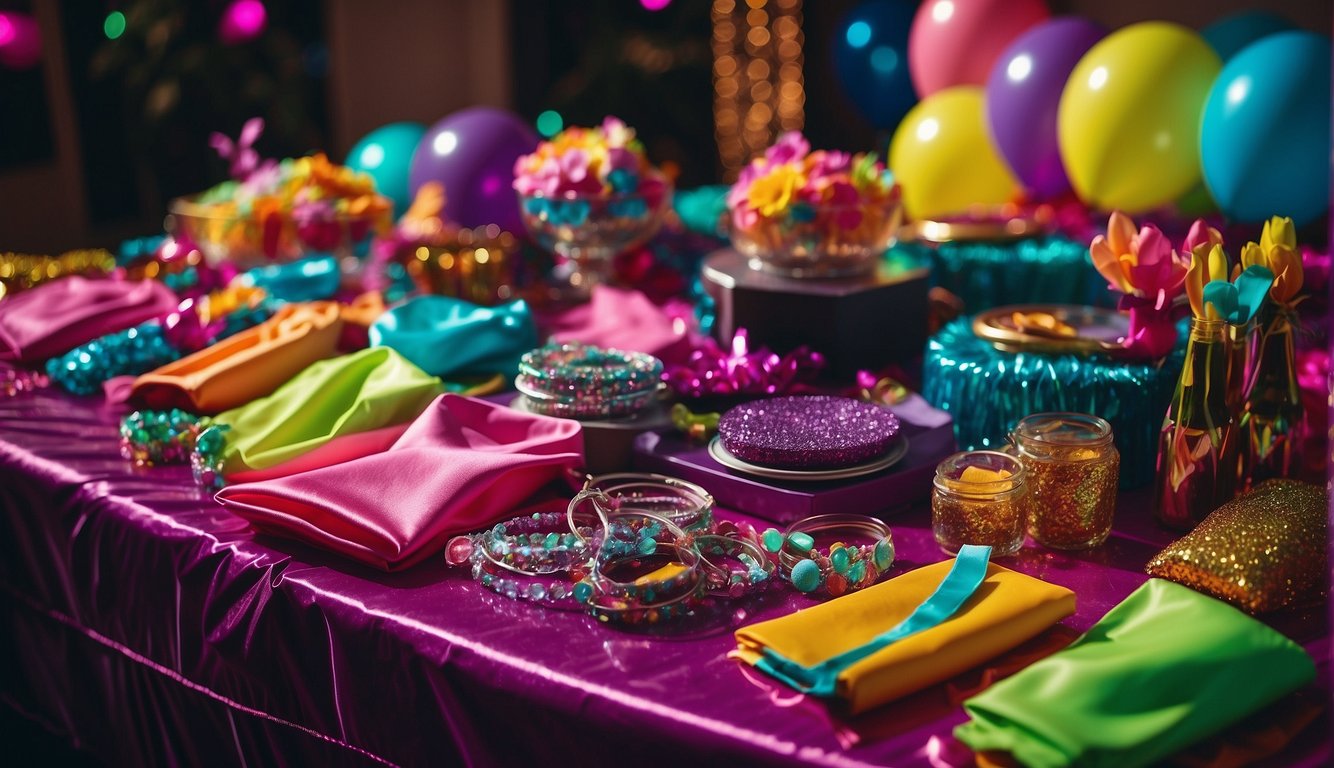 Colorful 90s-themed bachelorette party outfits and party favors displayed on a table. Neon colors, glitter, and retro patterns 90s Bachelorette Party Outfits