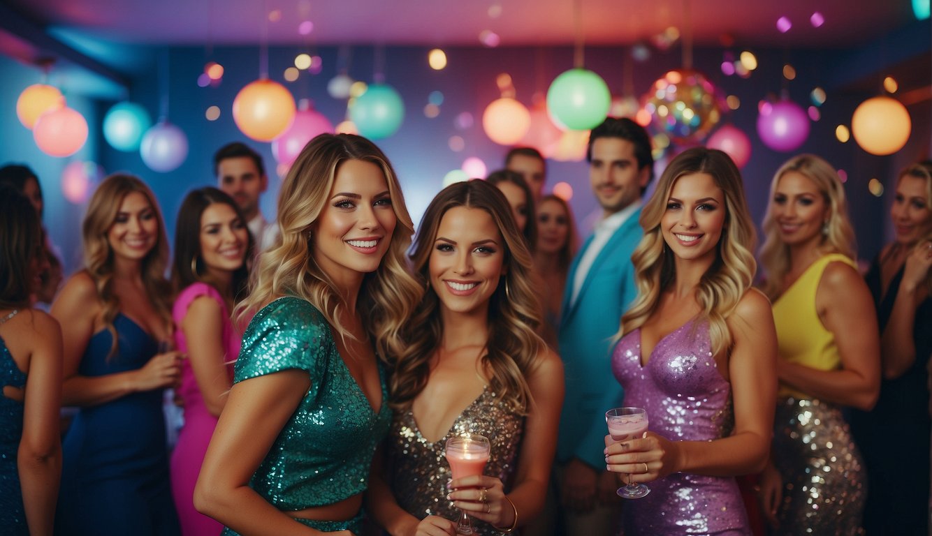 Colorful 90s-themed decorations adorn the room, neon lights and disco balls create a lively atmosphere. Bachelorette party guests are dressed in flashy, retro outfits 90s Bachelorette Party Outfits