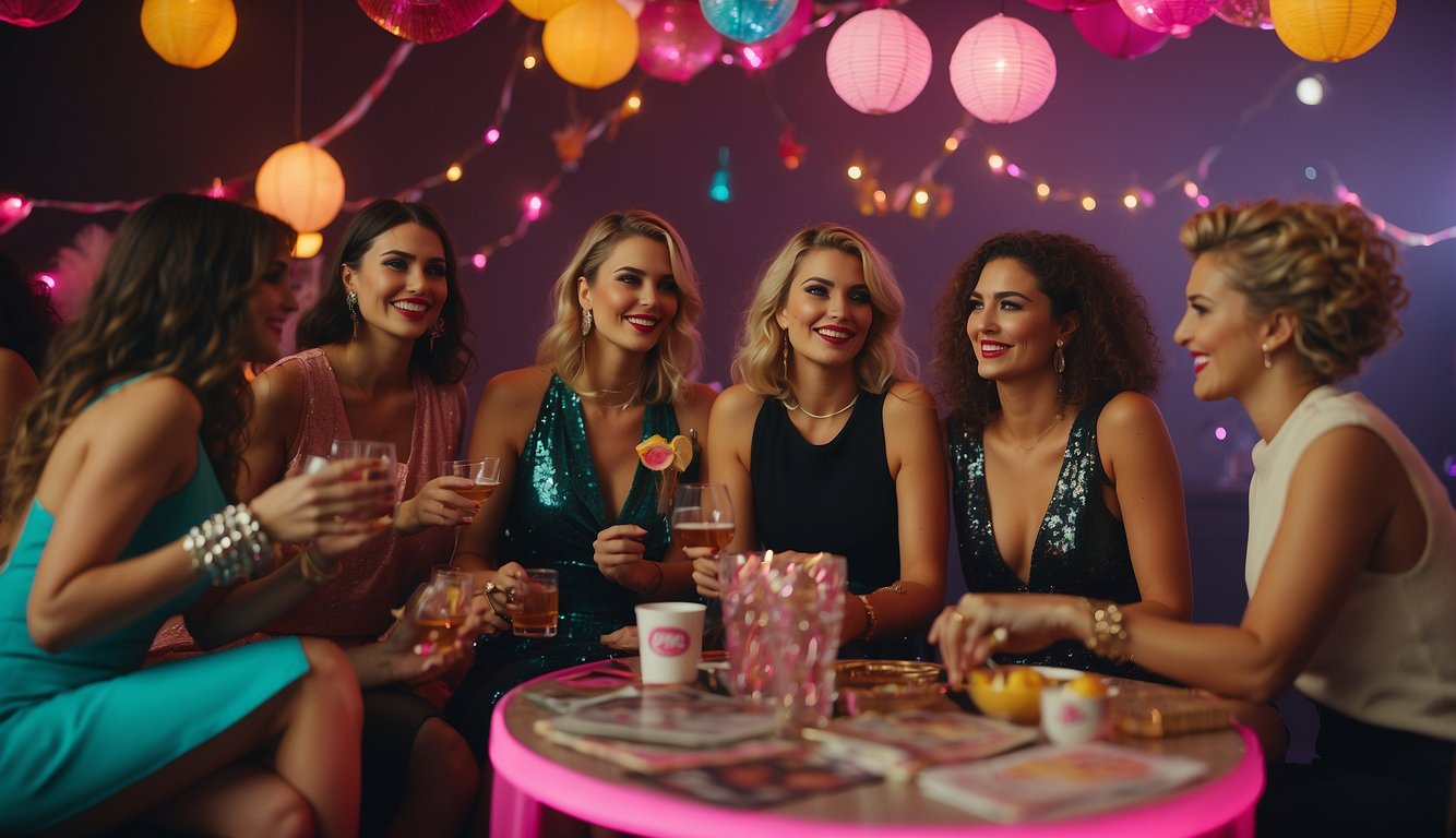 A group of women in neon crop tops, high-waisted jeans, and chunky sneakers dance to 90s pop music in a vibrant, neon-lit club 90s Bachelorette Party Outfits