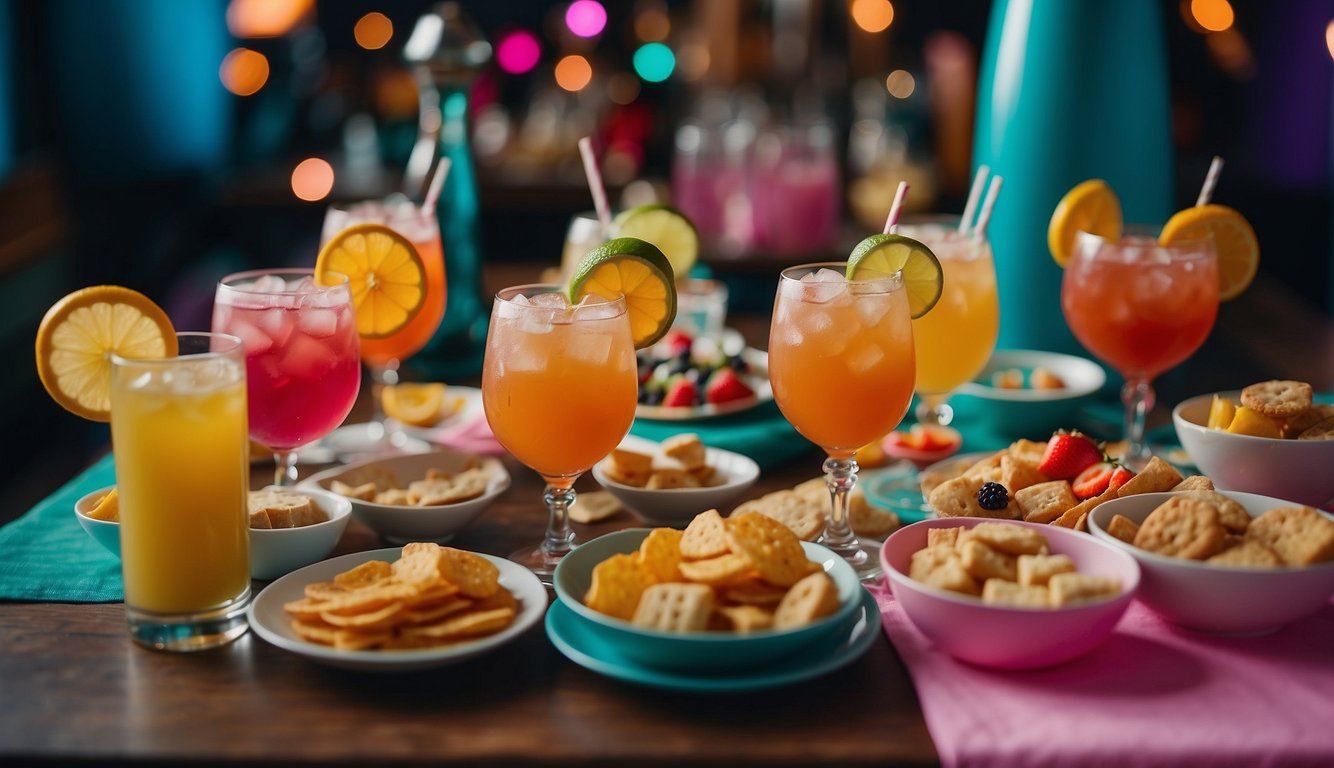 Colorful cocktails and retro snacks on a table, surrounded by 90s-themed bachelorette party outfits and accessories 90s Bachelorette Party Outfits