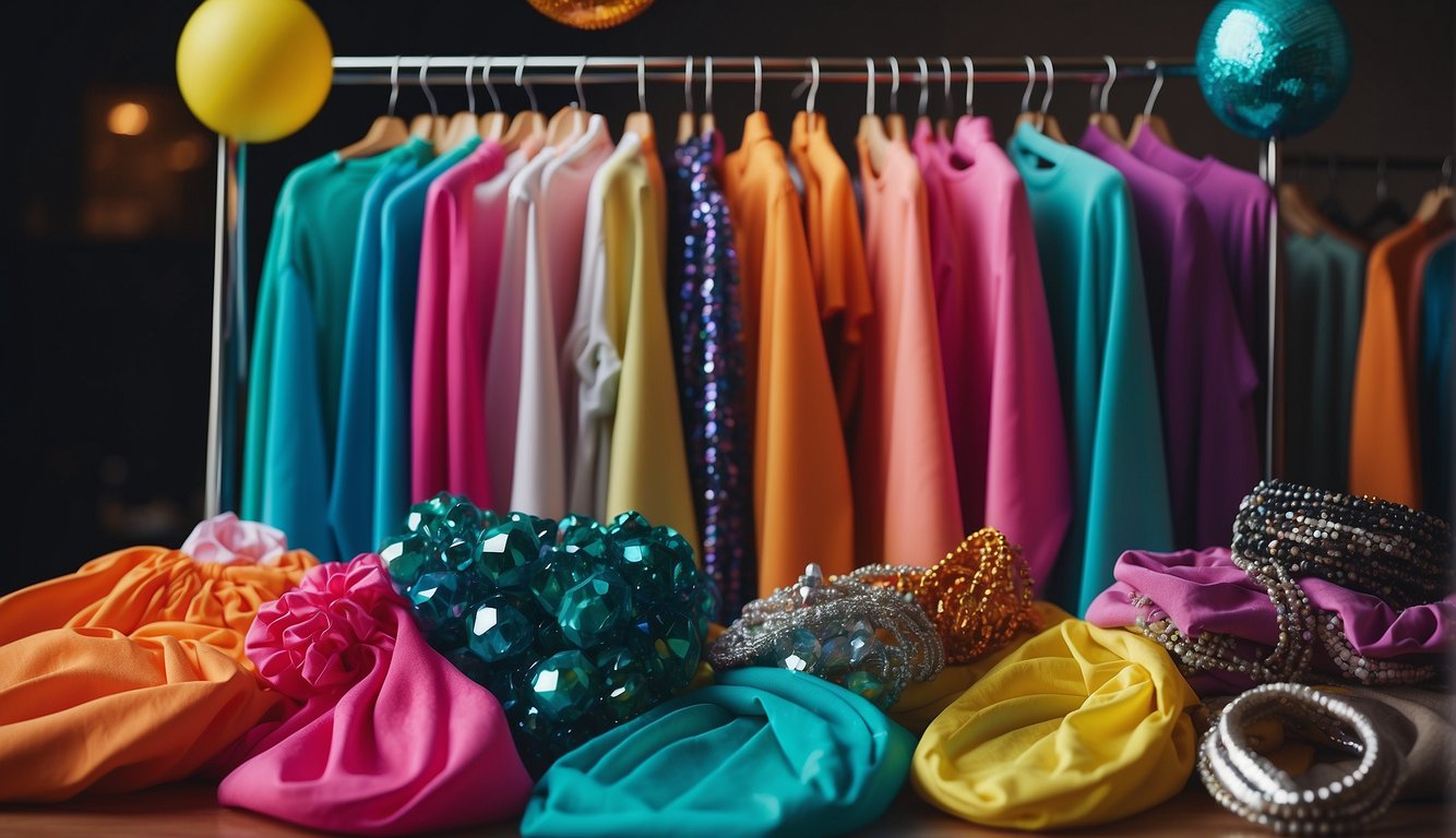 Neon-colored leggings, oversized t-shirts, scrunchies, and fanny packs scattered on a cluttered dressing table. Disco ball earrings and chunky plastic jewelry hanging from a rack 80s Bachelorette Party Outfits