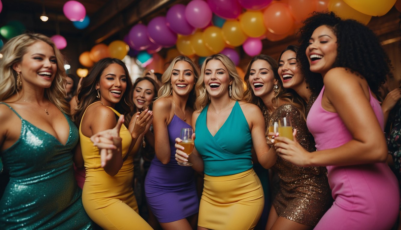 A group of women in colorful, bold 90s outfits dance and laugh at a bachelorette party 90s Bachelorette Party Outfits