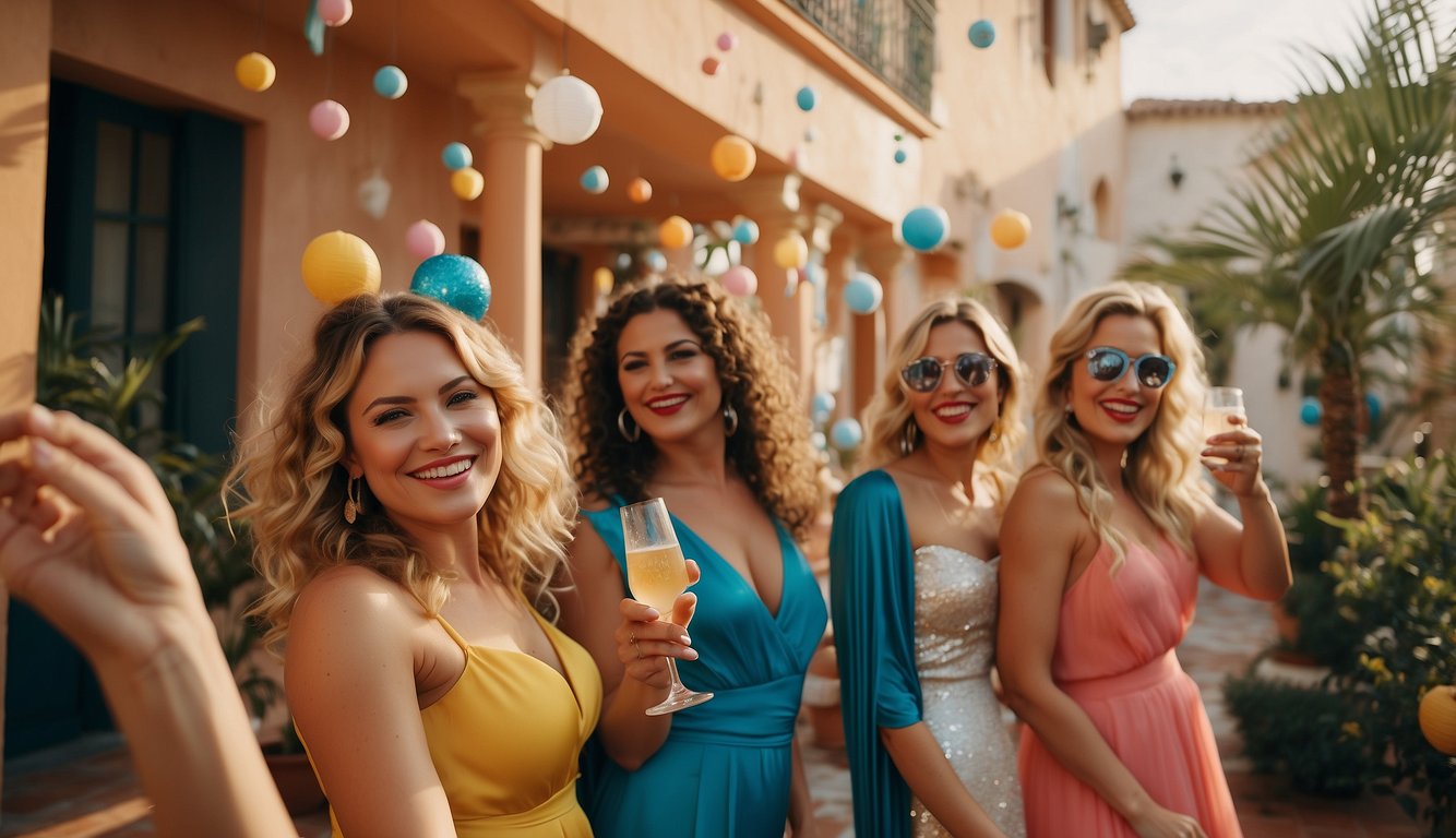 A vibrant Italian restaurant, decorated with red and white checkered tablecloths and twinkling string lights. Women in colorful dresses clink glasses of wine, laughing and dancing to lively music Mamma Mia Themed Bachelorette Party
