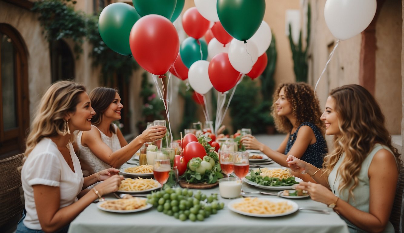 Women decorate with Italian flags, pasta, and red, white, and green balloons for a Mamma Mia themed bachelorette party Mamma Mia Themed Bachelorette Party