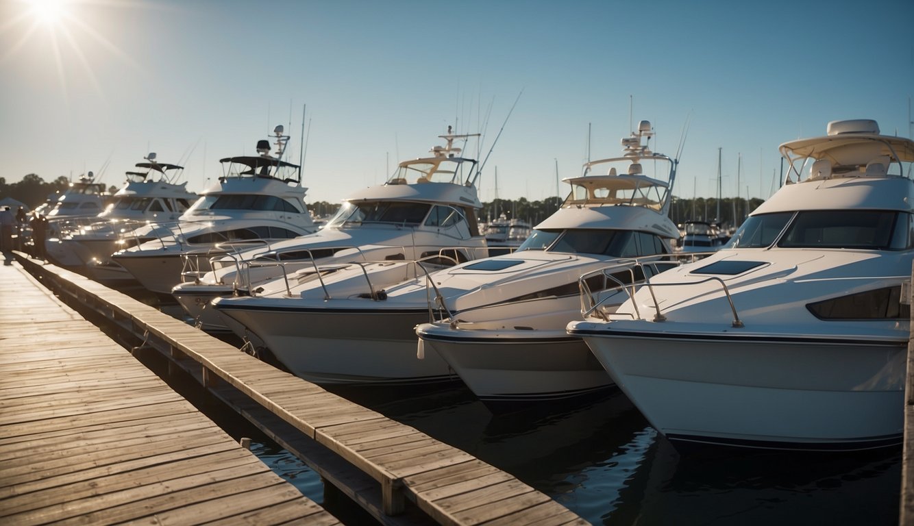Boats wait in line on the water, while others load and unload at the dock. Signs indicate rules and guidelines for using the ramp Boat Ramp Etiquette