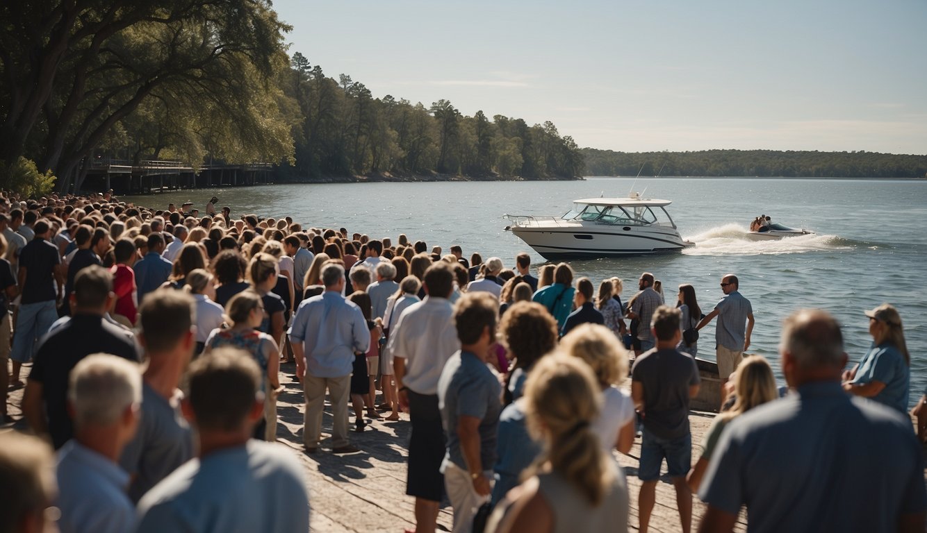 A boat being launched from a busy boat ramp, with other boaters patiently waiting their turn in line Boat Ramp Etiquette