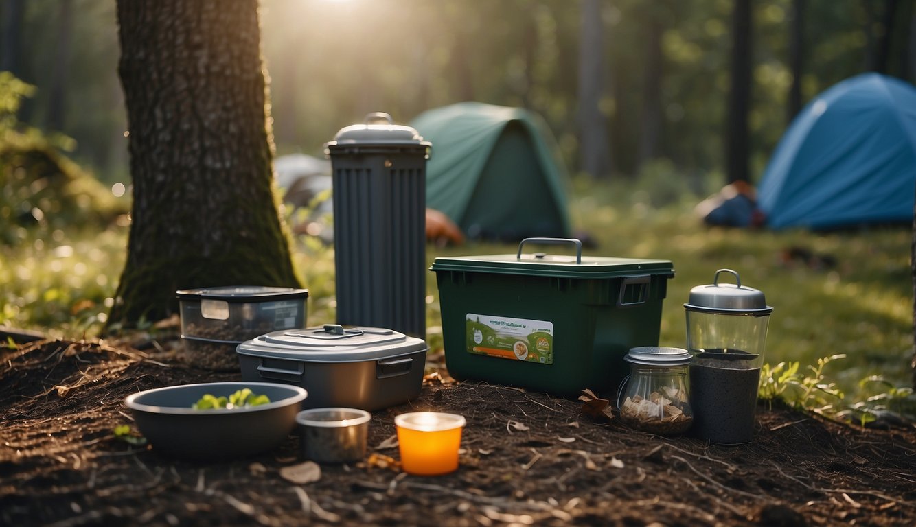 Campsite with reusable dishes, solar-powered lights, and a compost bin. Trash properly disposed of in designated areas. No litter or damage to nature Camping Etiquette