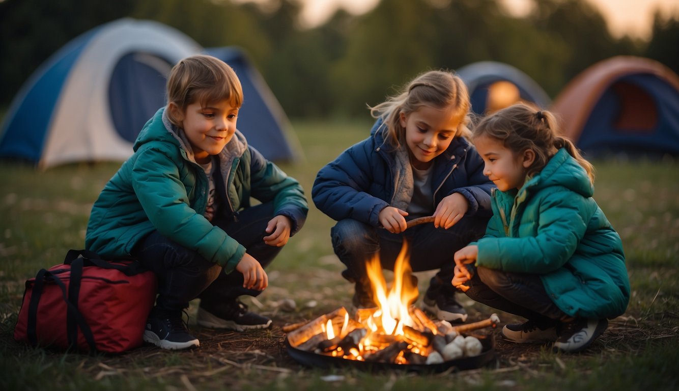 Children and pets sit around a campfire, roasting marshmallows. Tents and backpacks are scattered nearby. Trash is properly disposed of in designated bins Camping Etiquette
