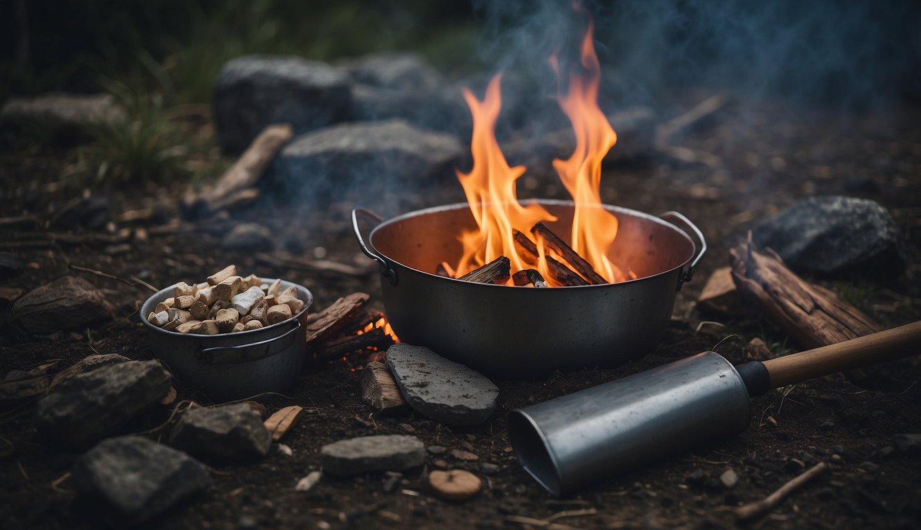 A campfire surrounded by a clear, designated area with no flammable materials nearby. A bucket of water and shovel are nearby for safety Camping Etiquette