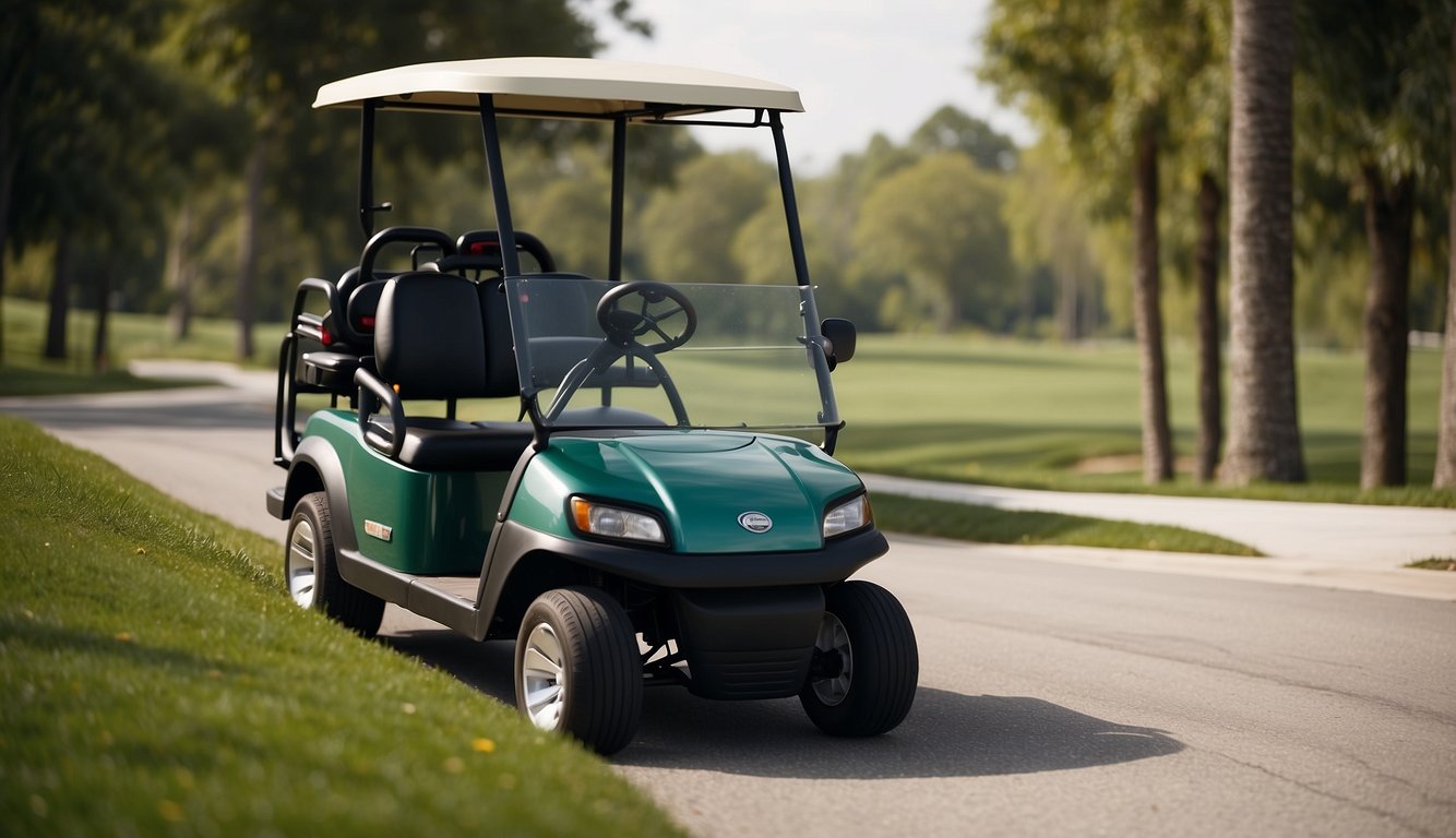 Golf cart follows designated path with clear signage. Other carts maintain distance and yield at intersections Golf Cart Etiquette