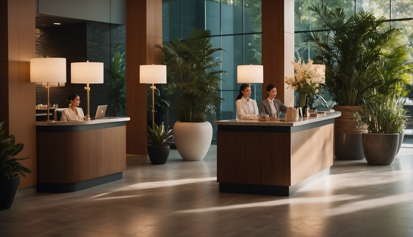 Guests arrive at a serene spa entrance, greeted by a receptionist. They check in at a polished desk, surrounded by calming decor and soft lighting Spa Etiquette