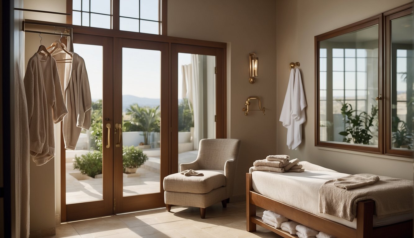 A serene spa room with neatly hung robes, slippers, and towels. A sign on the wall lists the dress code and personal item etiquette Spa Etiquette