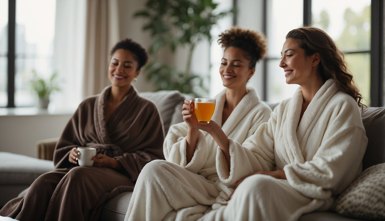 Guests relax in plush robes, sipping herbal tea. Soft music plays as they enjoy aromatherapy and soothing treatments Spa Etiquette
