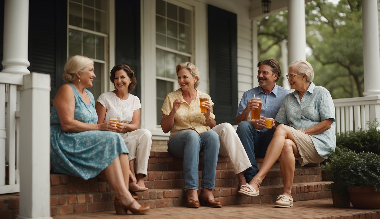 A group of people gathered on a front porch, sipping sweet tea and chatting politely with one another, displaying traditional southern hospitality Southern Etiquette