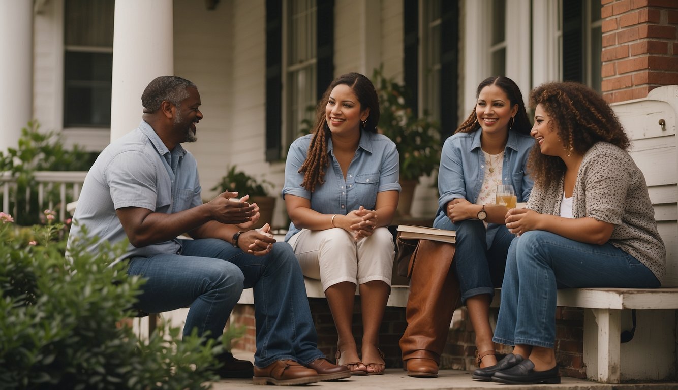 A group of people gathering on a front porch, exchanging pleasantries and engaging in polite conversation, demonstrating respect for their community through southern etiquette