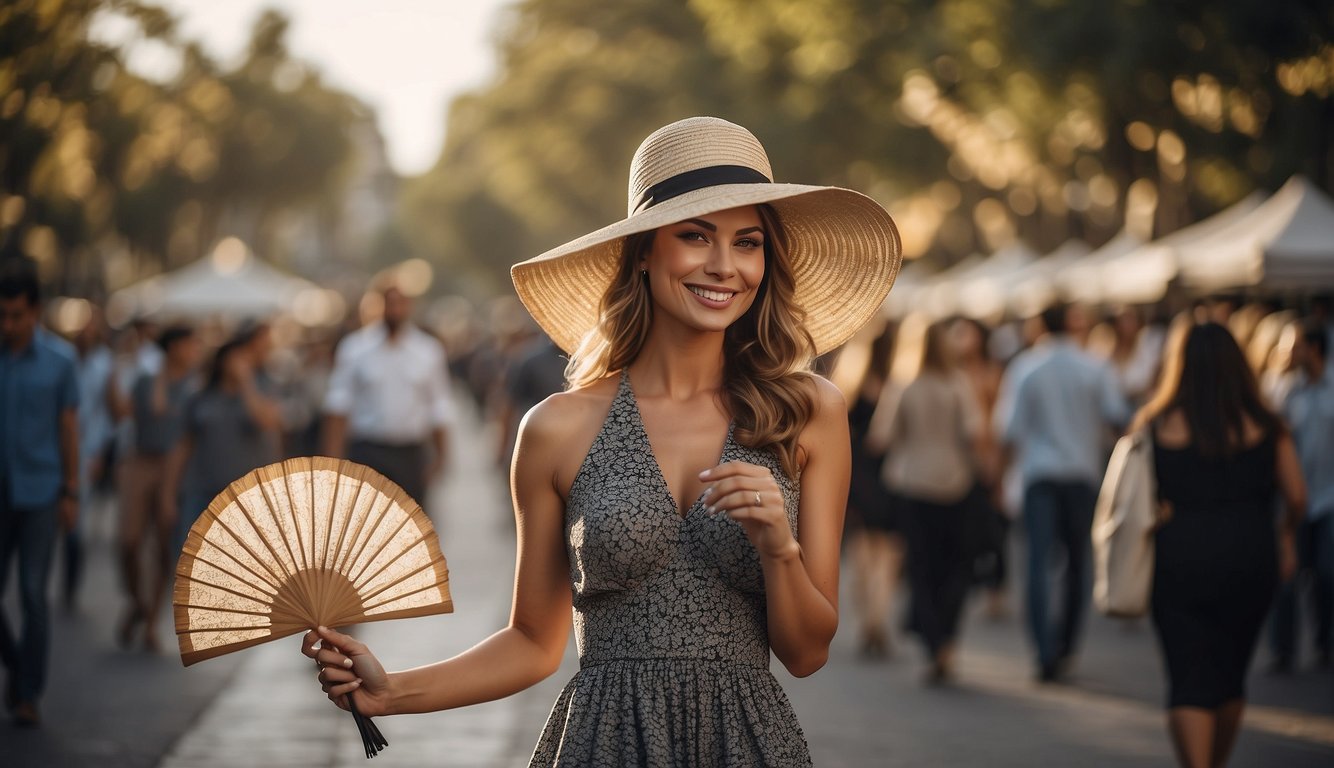 A woman in a stylish dress and hat, standing with poise and grace, holding a fan and smiling warmly Southern Etiquette