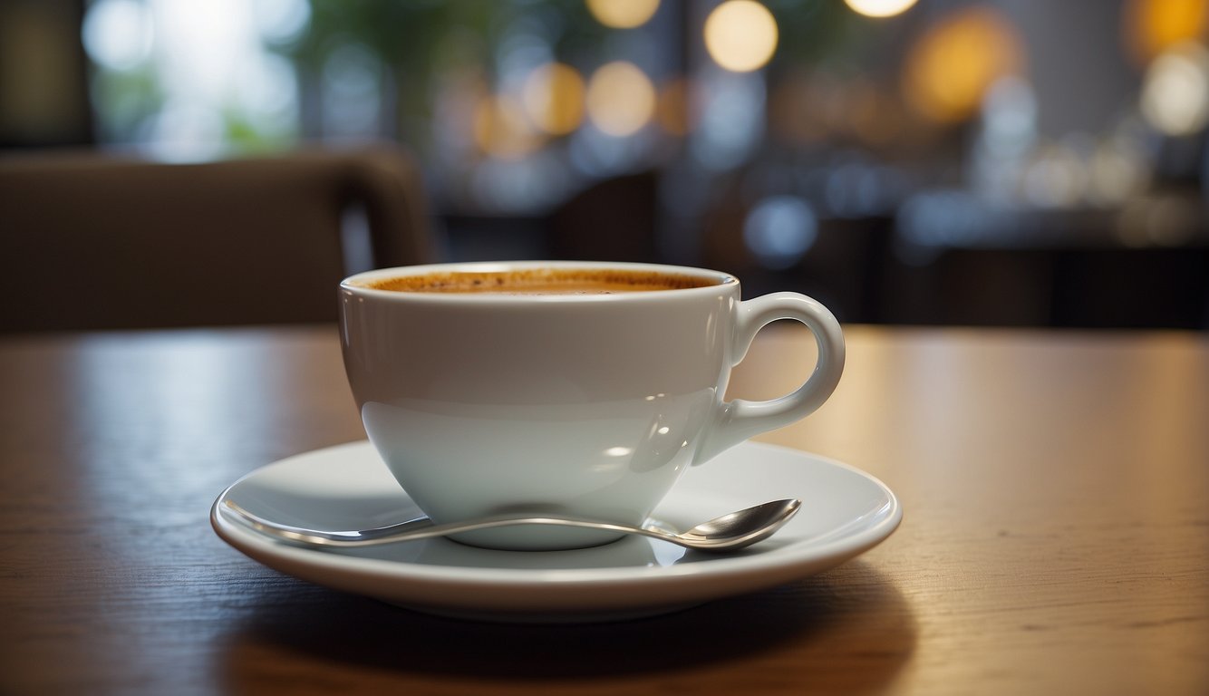 A coffee cup placed on a saucer, with a small spoon resting beside it. A napkin is neatly folded next to the cup Etiquette Coffee Guidelines
