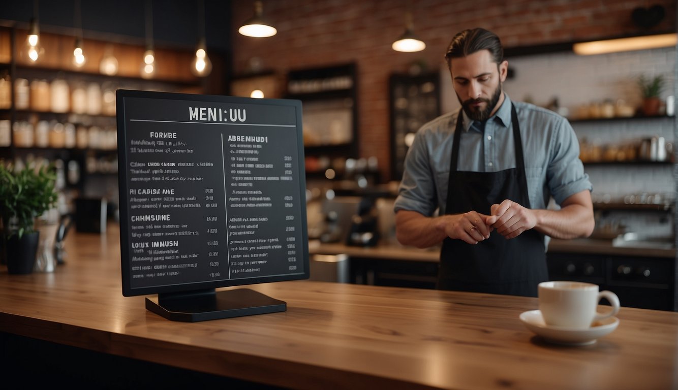 Customers order at counter, pointing to menu. Barista guides with patience. Menu board visible Etiquette Coffee Guidelines