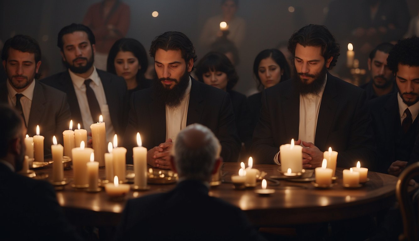 A rabbi leads the funeral service, surrounded by mourners wearing yarmulkes and reciting prayers. The room is filled with solemnity and respect Jewish Funeral Etiquette for Non-Jews