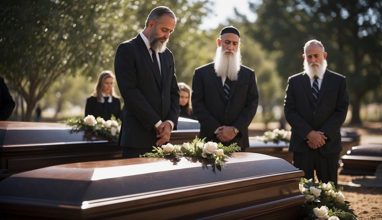 Mourners stand quietly, heads bowed, as the rabbi recites prayers. A rabbi and a few family members shovel dirt onto the casket Jewish Funeral Etiquette for Non-Jews