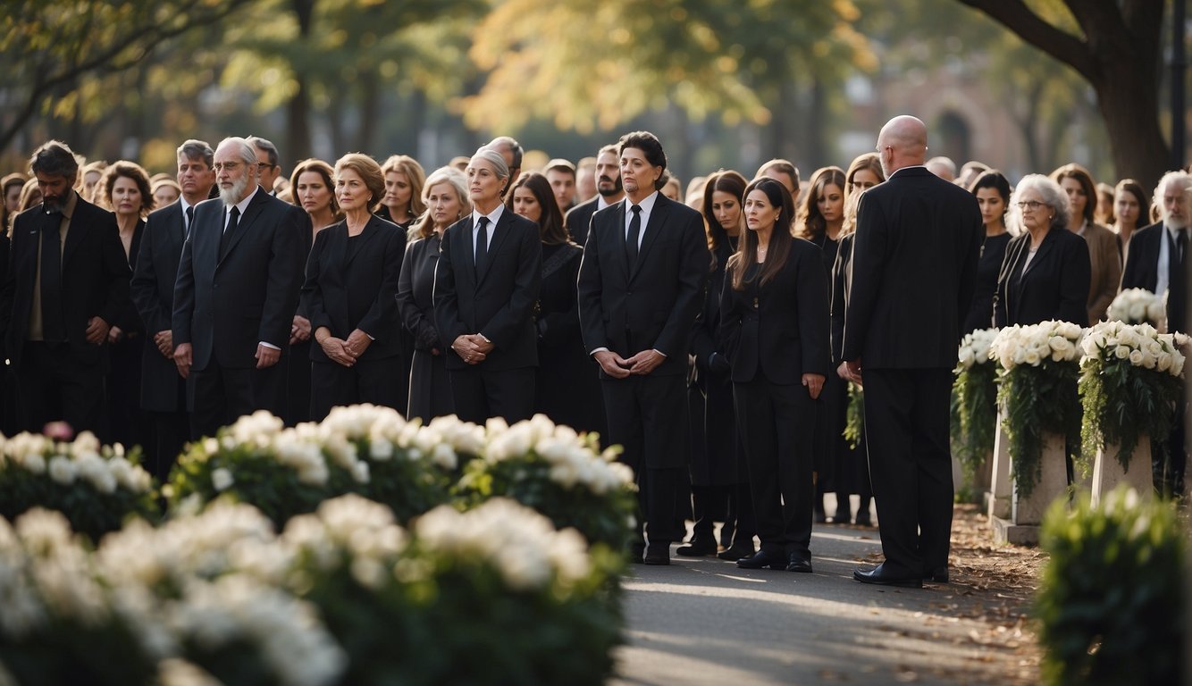 A group of non-Jews respectfully standing at a distance, with heads bowed and quiet expressions, as they observe a Jewish funeral procession Jewish Funeral Etiquette for Non-Jews