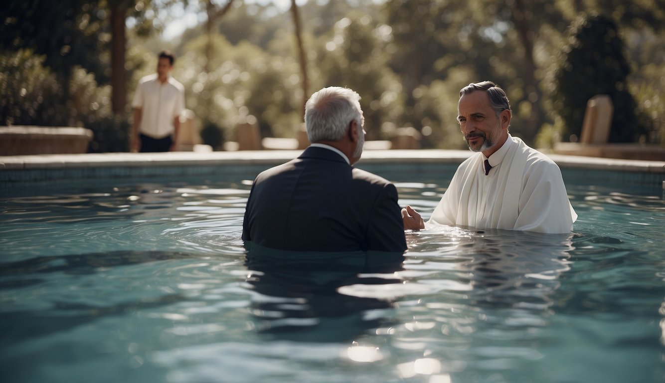A pastor baptizes a believer in a pool, while another believer watches. The congregation sits quietly, observing the sacred ceremony Church Etiquette