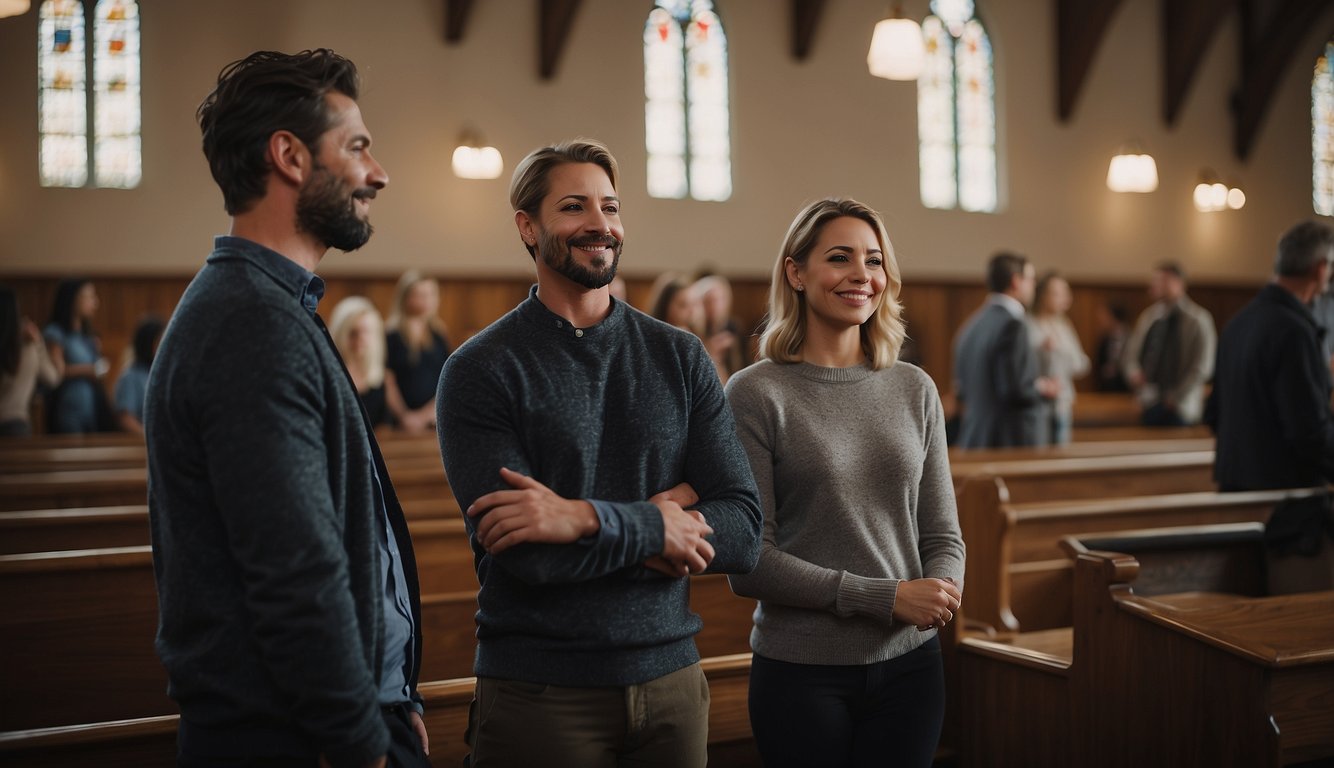People stand in a church, talking quietly and respectfully. They nod and smile, maintaining eye contact and showing consideration for each other's personal space Church Etiquette