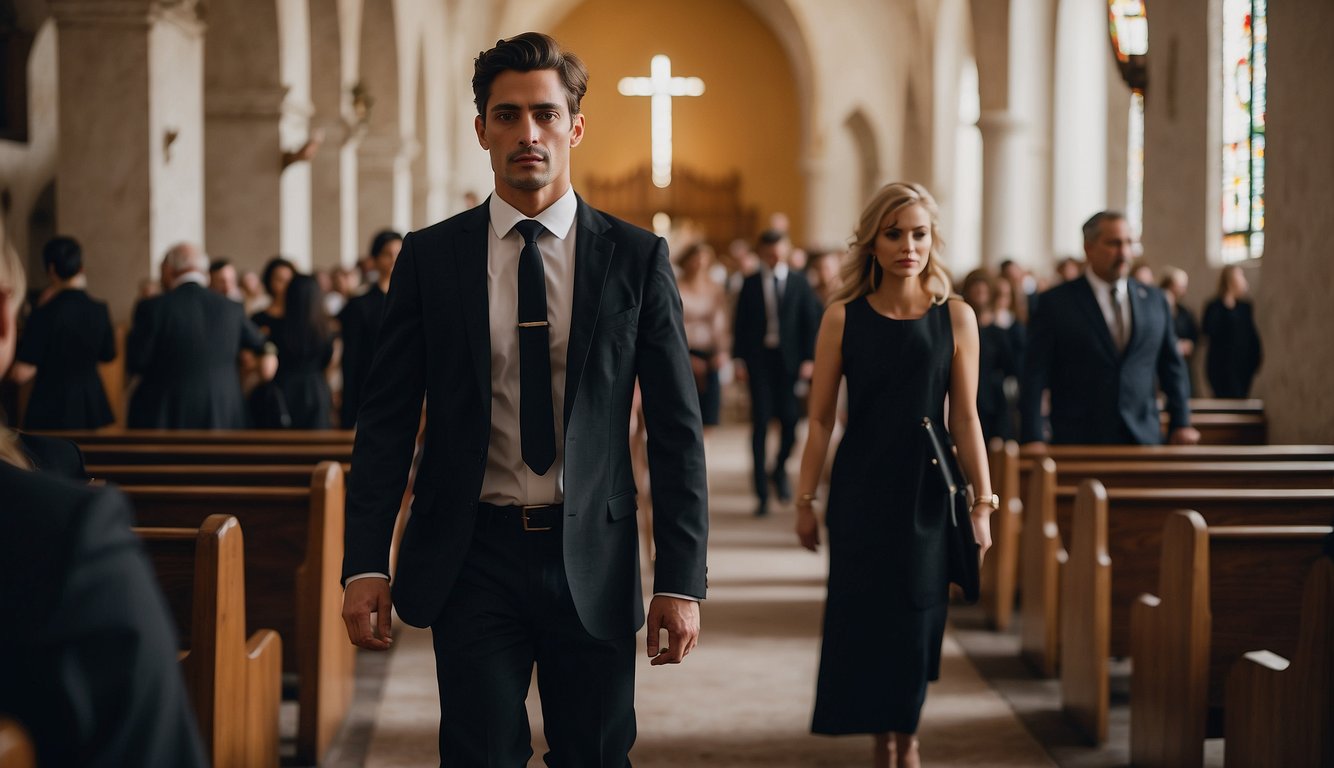 A person wearing formal attire enters a church with a respectful demeanor. They are dressed modestly and carry themselves with reverence Church Etiquette