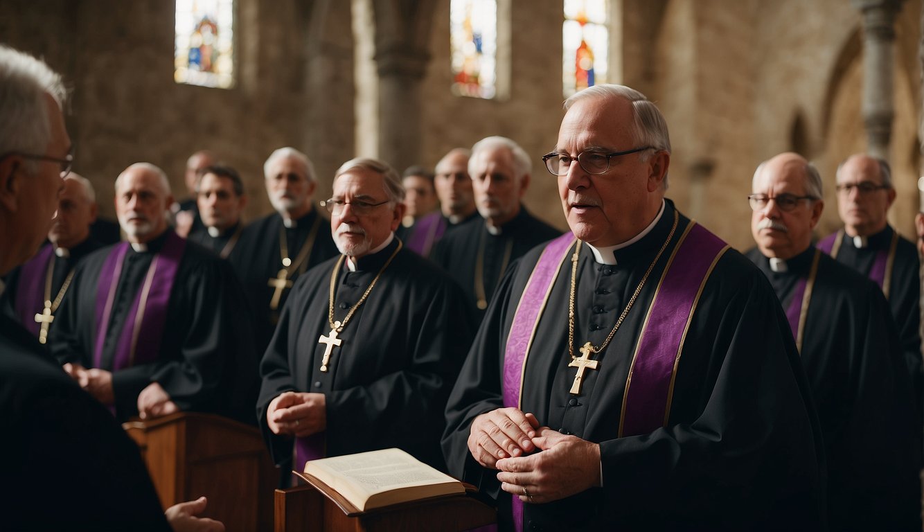 A bishop presides over a clergy meeting, while deacons assist with preparations. Ushers guide parishioners to their seats, and a choir practices in the background Church Etiquette