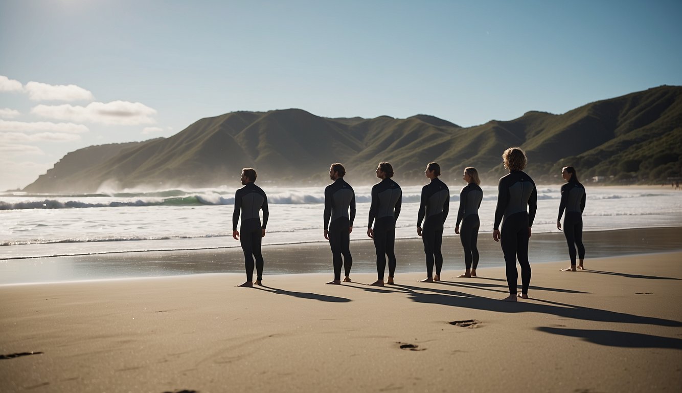 Surfers waiting in an orderly lineup, taking turns to catch waves, maintaining respectful distance and avoiding cutting off others Surf Etiquette