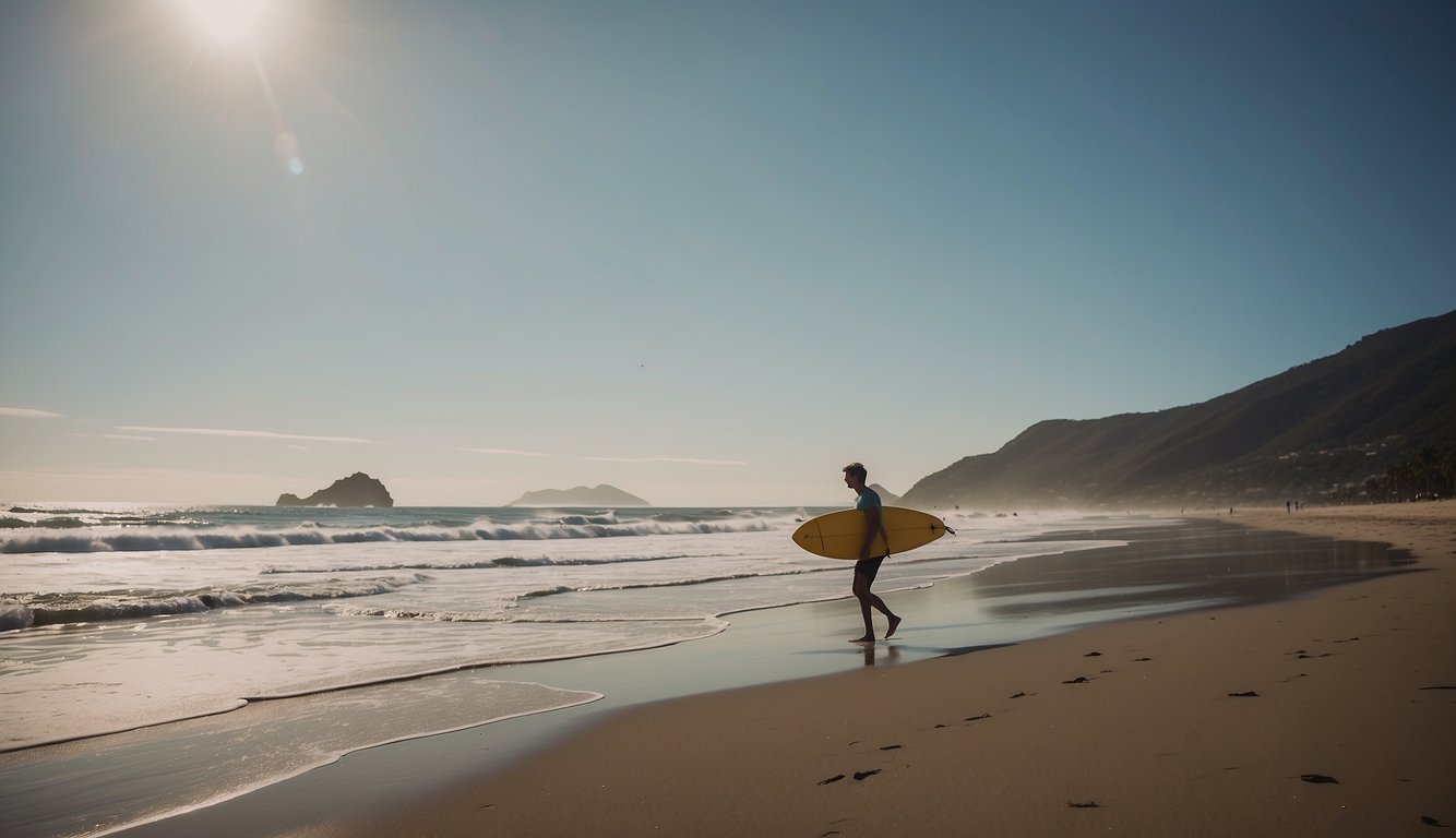 A surfer paddles out, avoiding crowded areas and staying clear of wildlife. They pick up trash on the beach Surf Etiquette