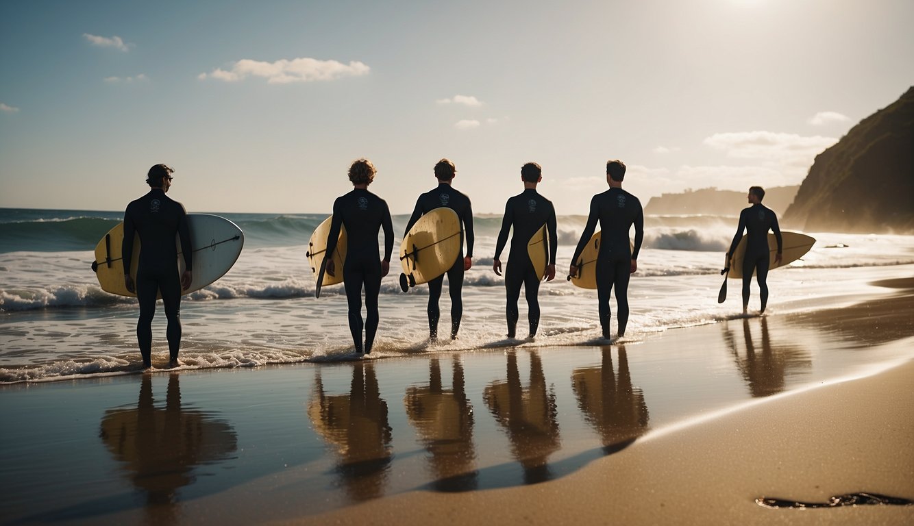 Surfers waiting in a lineup, taking turns catching waves, and giving each other space Surf Etiquette