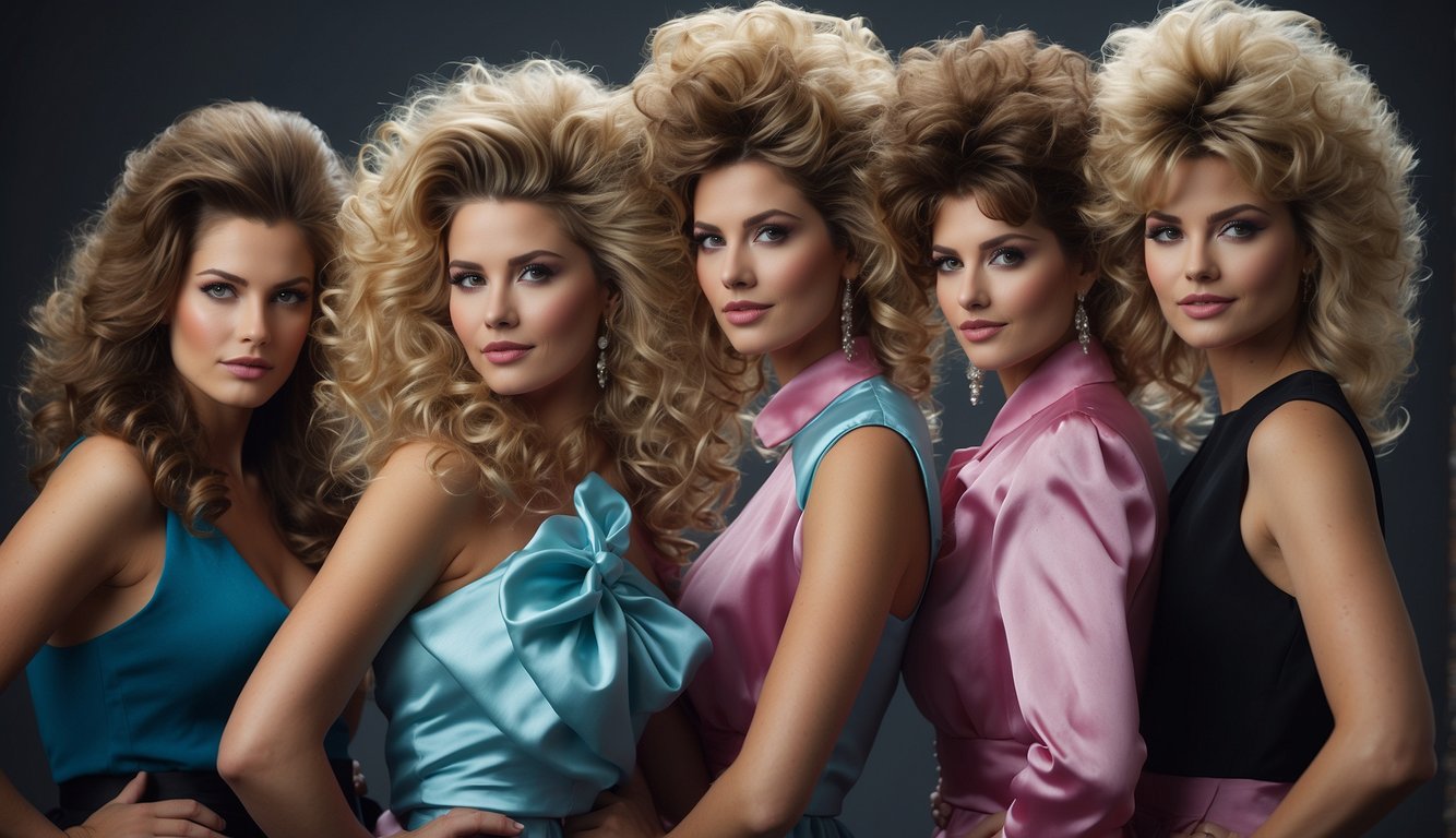A group of women with big, voluminous hair, sporting iconic 80s prom hairstyles. Teased, curled, and sprayed into gravity-defying styles 80s Prom Hair