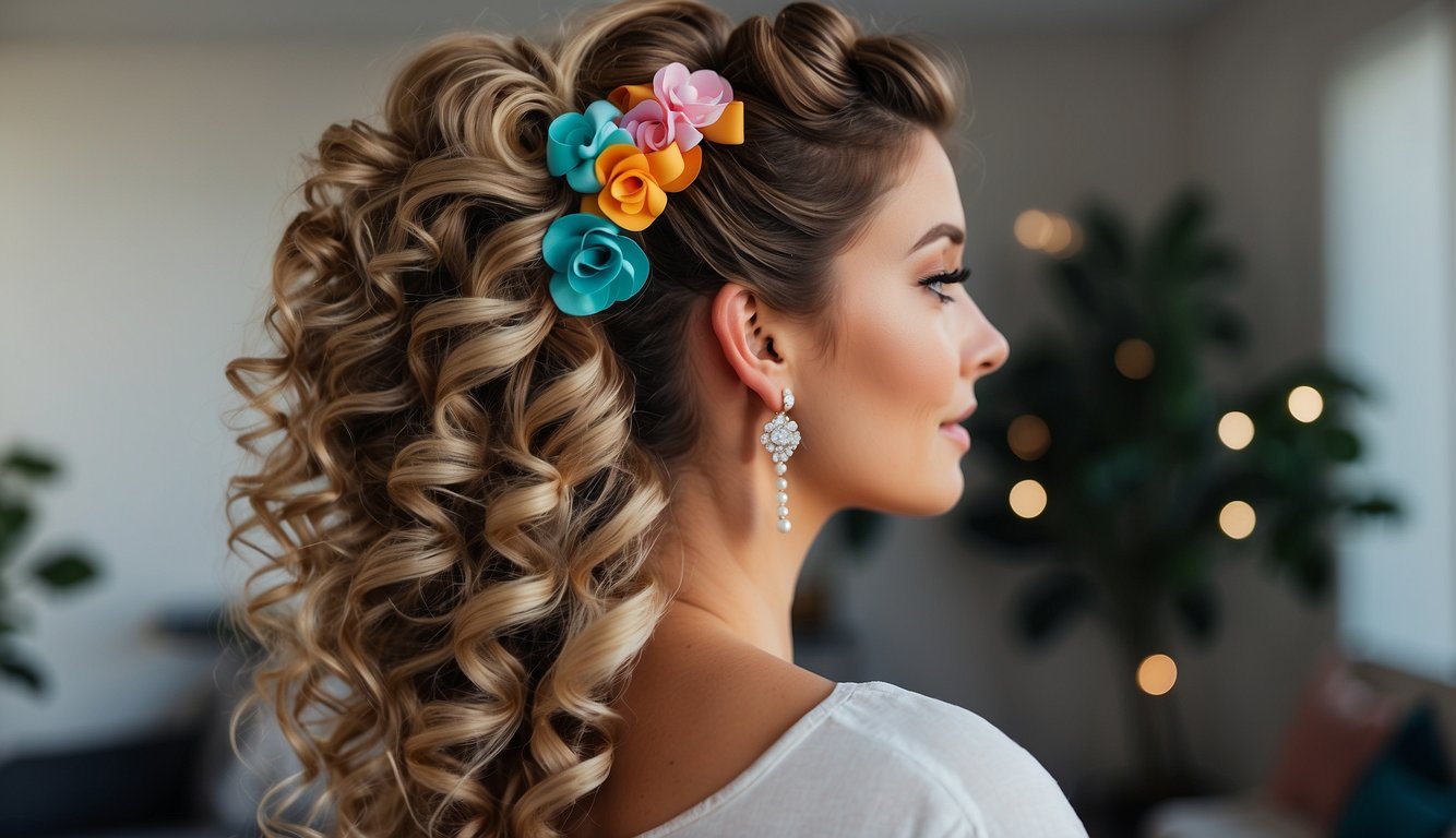 A voluminous, teased-up hairstyle with cascading curls, accented with colorful scrunchies and glittery hair accessories 80s Prom Hair