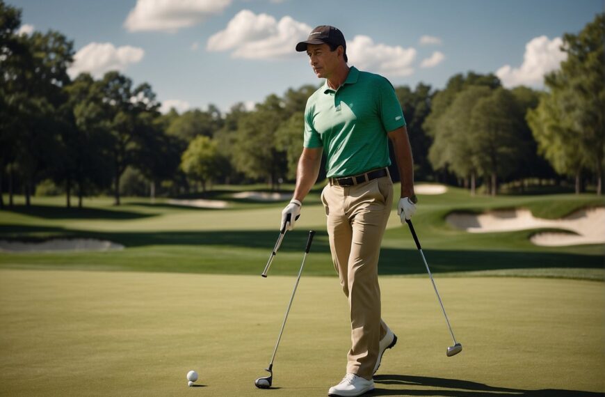 What to Wear Golfing: A golfer wearing a collared shirt, khaki pants, and golf shoes, carrying a golf bag with clubs. The sun is shining, and the green grass of the golf course stretches out before them