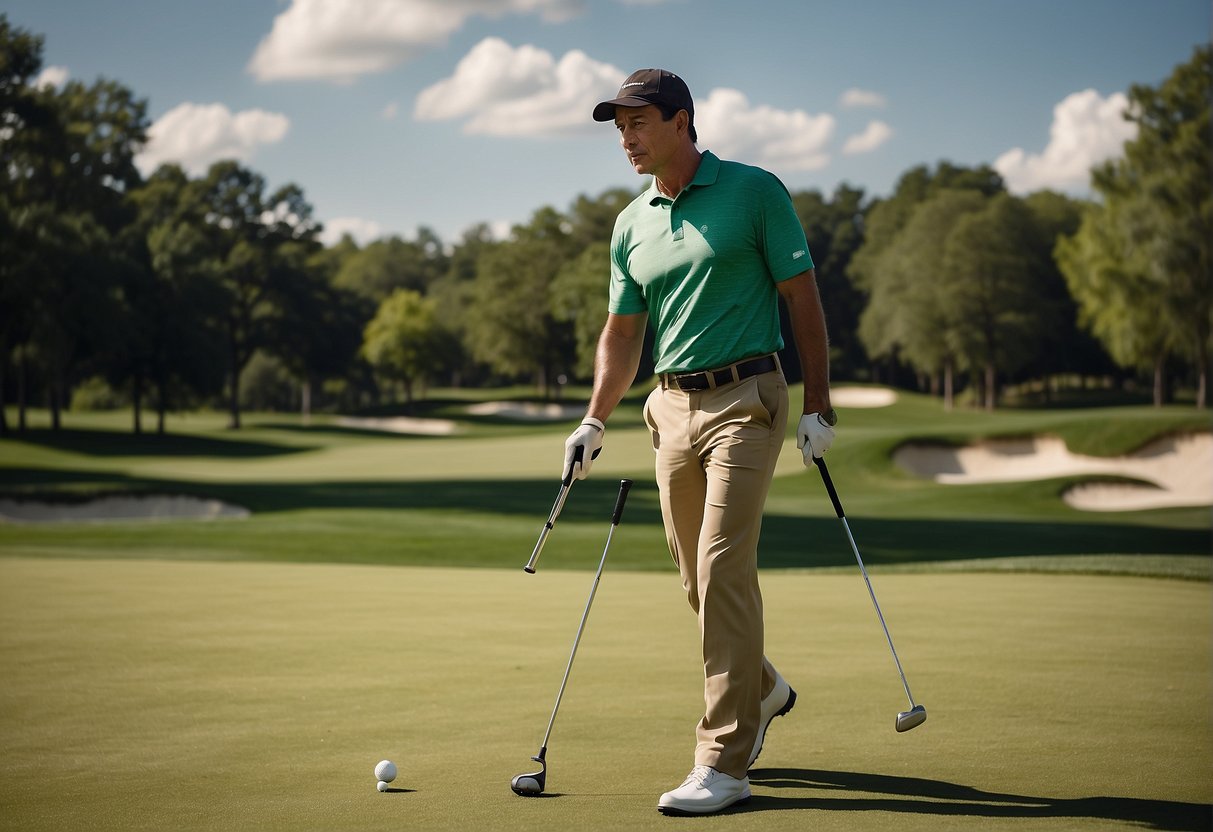 What to Wear Golfing: A golfer wearing a collared shirt, khaki pants, and golf shoes, carrying a golf bag with clubs. The sun is shining, and the green grass of the golf course stretches out before them