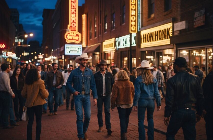 What to Wear in Nashville: A bustling Nashville street scene with people in cowboy boots, denim jackets, and wide-brimmed hats, passing by neon signs and honky-tonk bars