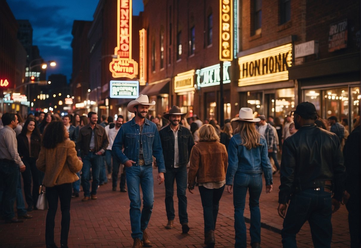 What to Wear in Nashville: A bustling Nashville street scene with people in cowboy boots, denim jackets, and wide-brimmed hats, passing by neon signs and honky-tonk bars