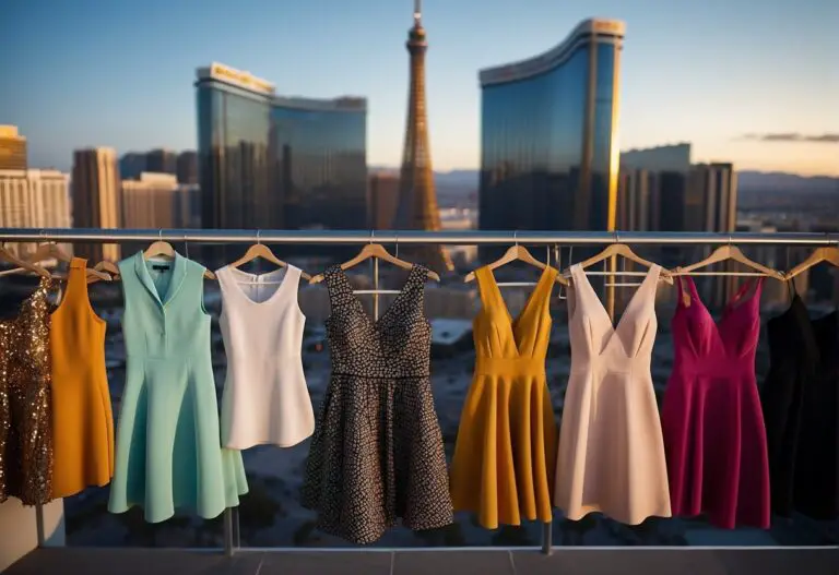 What to Wear in Vegas: A colorful array of stylish clothes, from flowy dresses to sleek suits, laid out on a bed with a backdrop of the iconic Las Vegas skyline