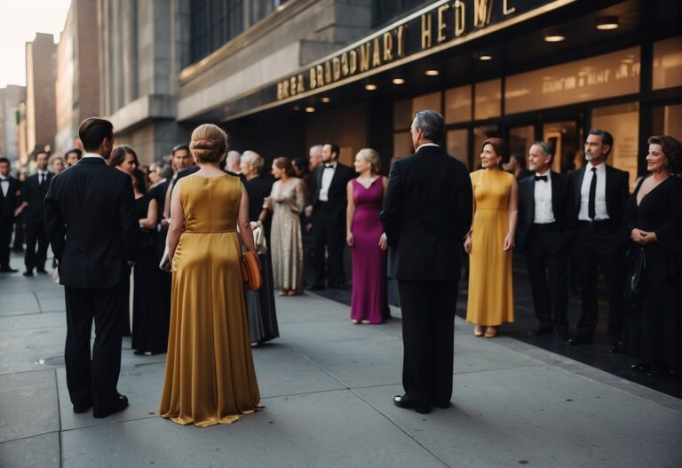What to Wear to a Broadway Show: Audience members in elegant attire line up outside a theater, with men in suits and women in evening gowns, waiting to attend a Broadway show
