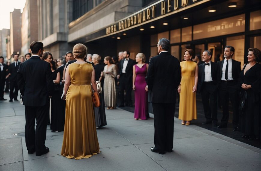 What to Wear to a Broadway Show: Audience members in elegant attire line up outside a theater, with men in suits and women in evening gowns, waiting to attend a Broadway show