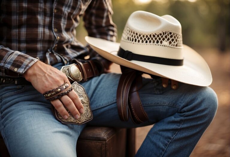 What to Wear to a Country Concert: Cowboy boots, denim jeans, plaid shirt, cowboy hat, and a belt buckle. Optional accessories include a leather jacket, bandana, and sunglasses