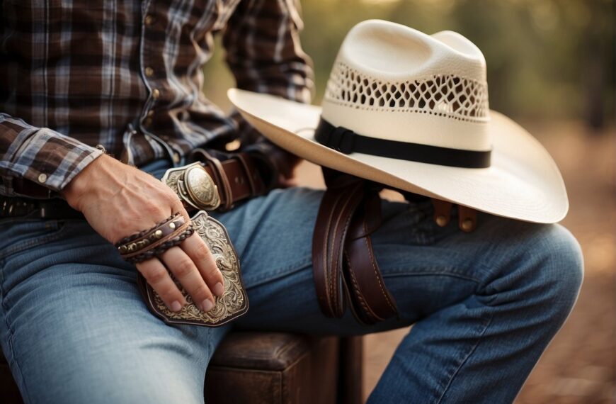 What to Wear to a Country Concert: Cowboy boots, denim jeans, plaid shirt, cowboy hat, and a belt buckle. Optional accessories include a leather jacket, bandana, and sunglasses