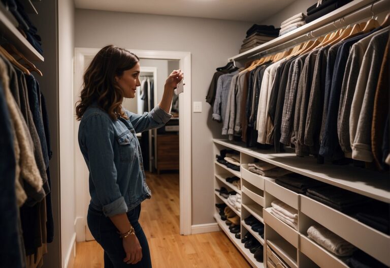What to Wear to a Graduation: A person standing in front of a closet, holding up different clothing options while looking in a mirror. Clothes are neatly organized on hangers and shelves